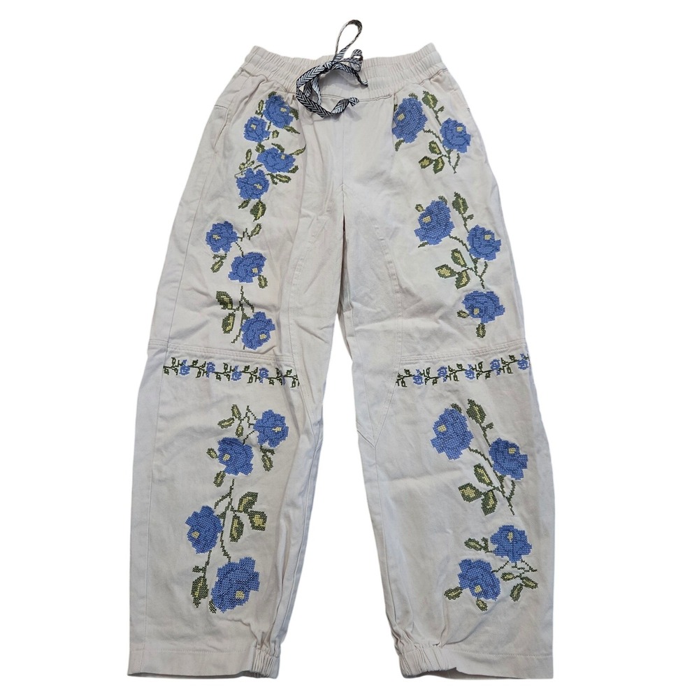 Boho Cottage Core Magnolia Cream Floral Barrel Embroidered Cotton Jogger Small - Picture 1 of 6